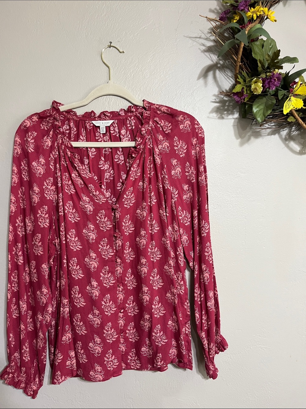 Lucky Brand Raspberry Pink Floral Long-Sleeve Blouse